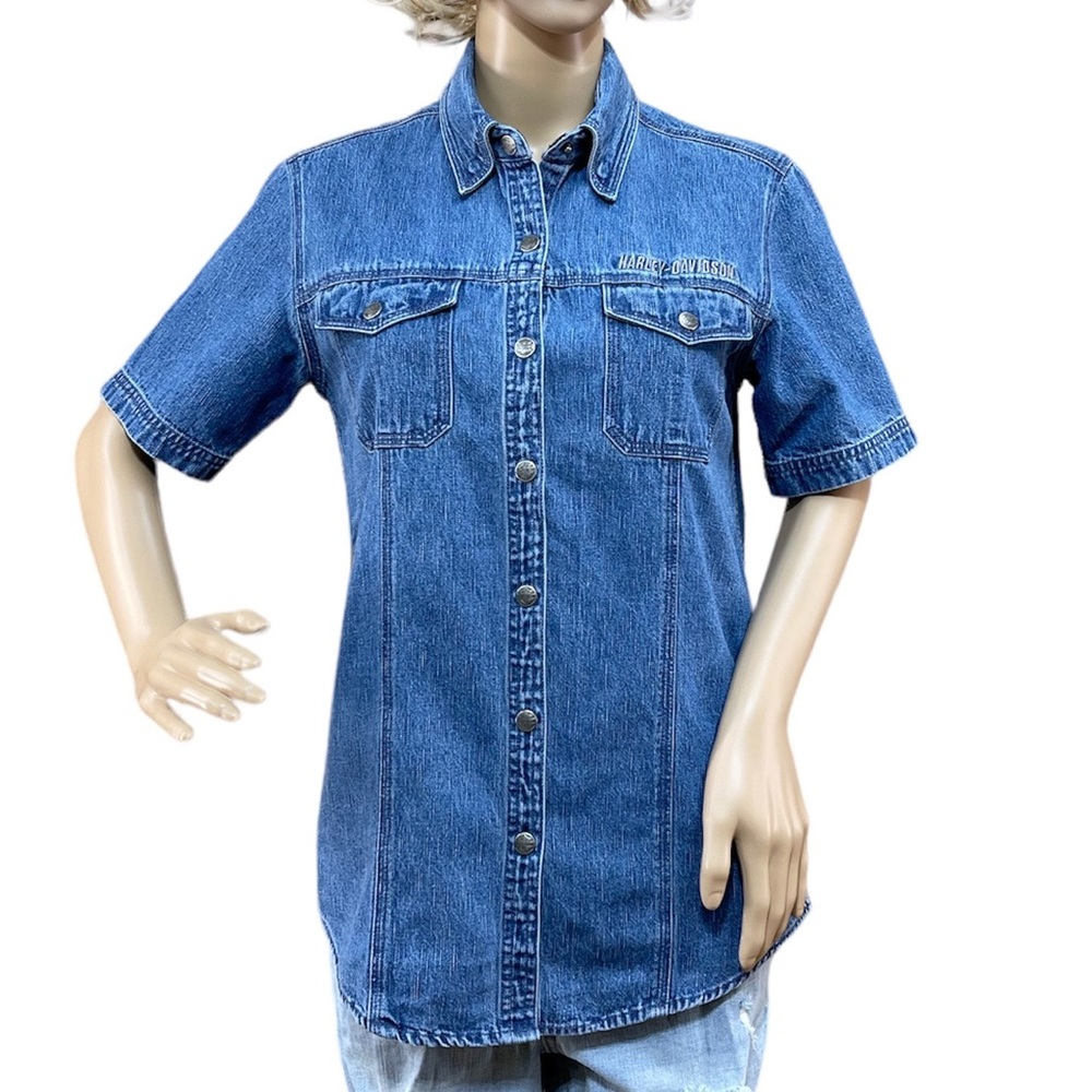 HARLEY-DAVIDSON Blue Denim Fitted Women’s Snap Button Shirt Size Small